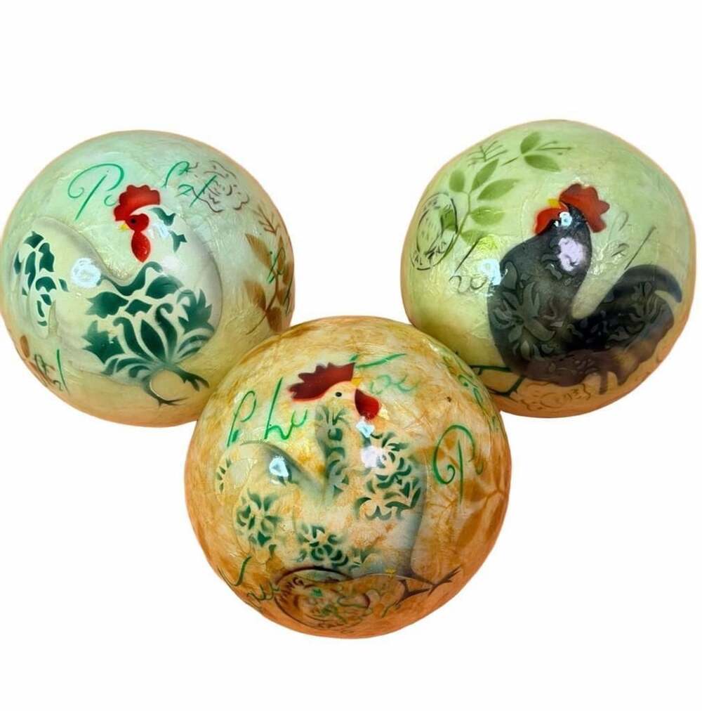 Hand Painted Paper Mache Decoupage Rooster Ball Set of 3 French Farmhouse Decor